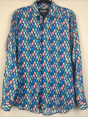Lansky Bros Medium Long-Sleeve Button Down Colorful Blue Mosaic Print Shirt
